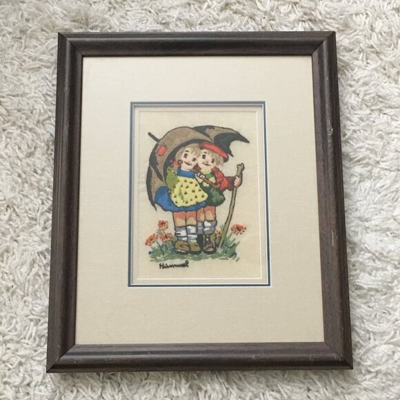Handmade Children Sharing an Umbrella Himmel Needlework Professionally Framed - Picture 2 of 12